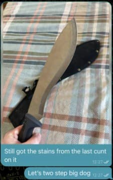 Bladed article advertised in a private steroid supply chat room
